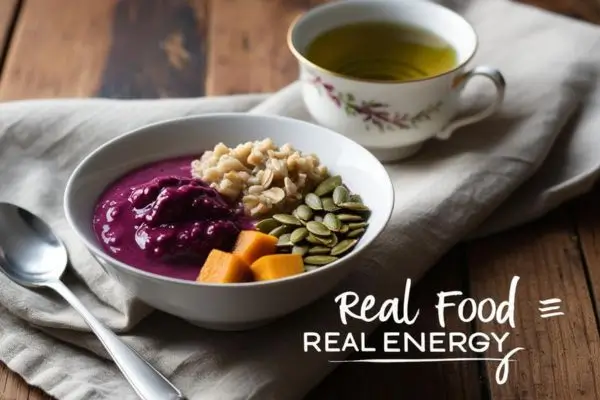 Pequenos Hábitos Diários Para Melhorar Sua Saúde E Beleza Naturalmente: Guia Prático 2 Café da manhã saudável com tigela de açaí, aveia, sementes de abóbora e chá verde em mesa de madeira rústica.