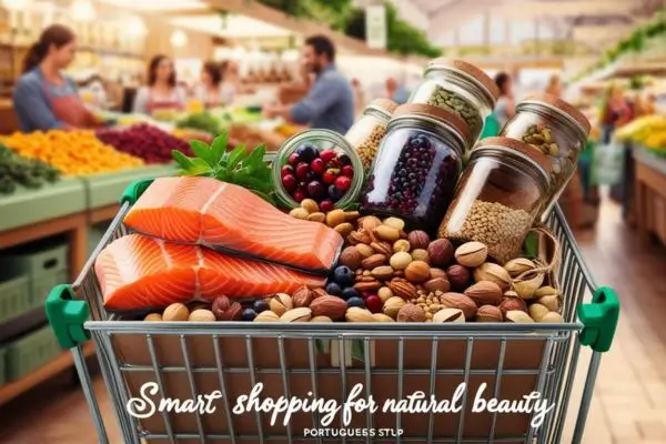 Carrinho de mercado com itens da lista (salmão, castanhas, sementes)